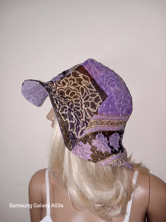 Kantha Sun Hat Purple Black M-L Reversible Handmade Cotton Boho Beach KS12.